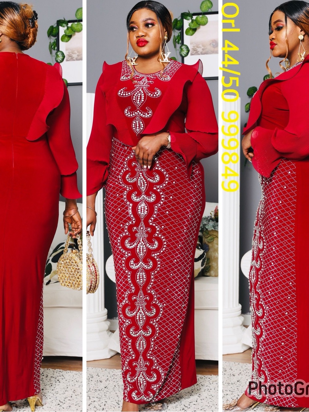 Trina Turk Red Embellished Ruffled Maxi Dress